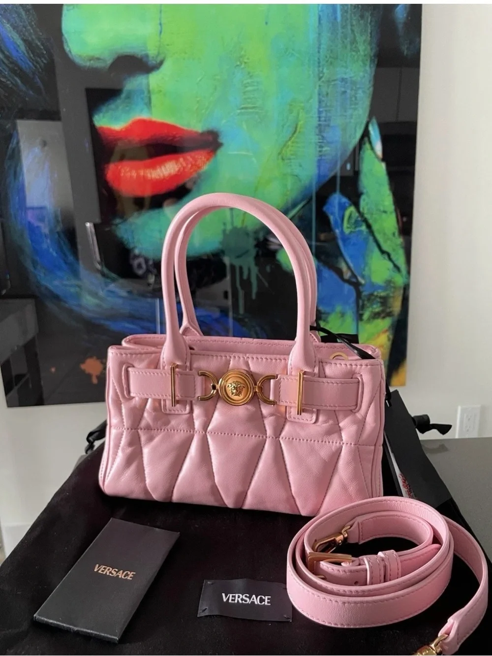 Versace Pink Quilted Leather Satchel with Gold Medusa Hardware
